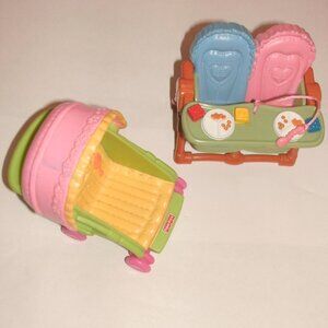 Vintage Fisher Price Doll House Twin Baby Double High Chair & 2006 Baby Stroller